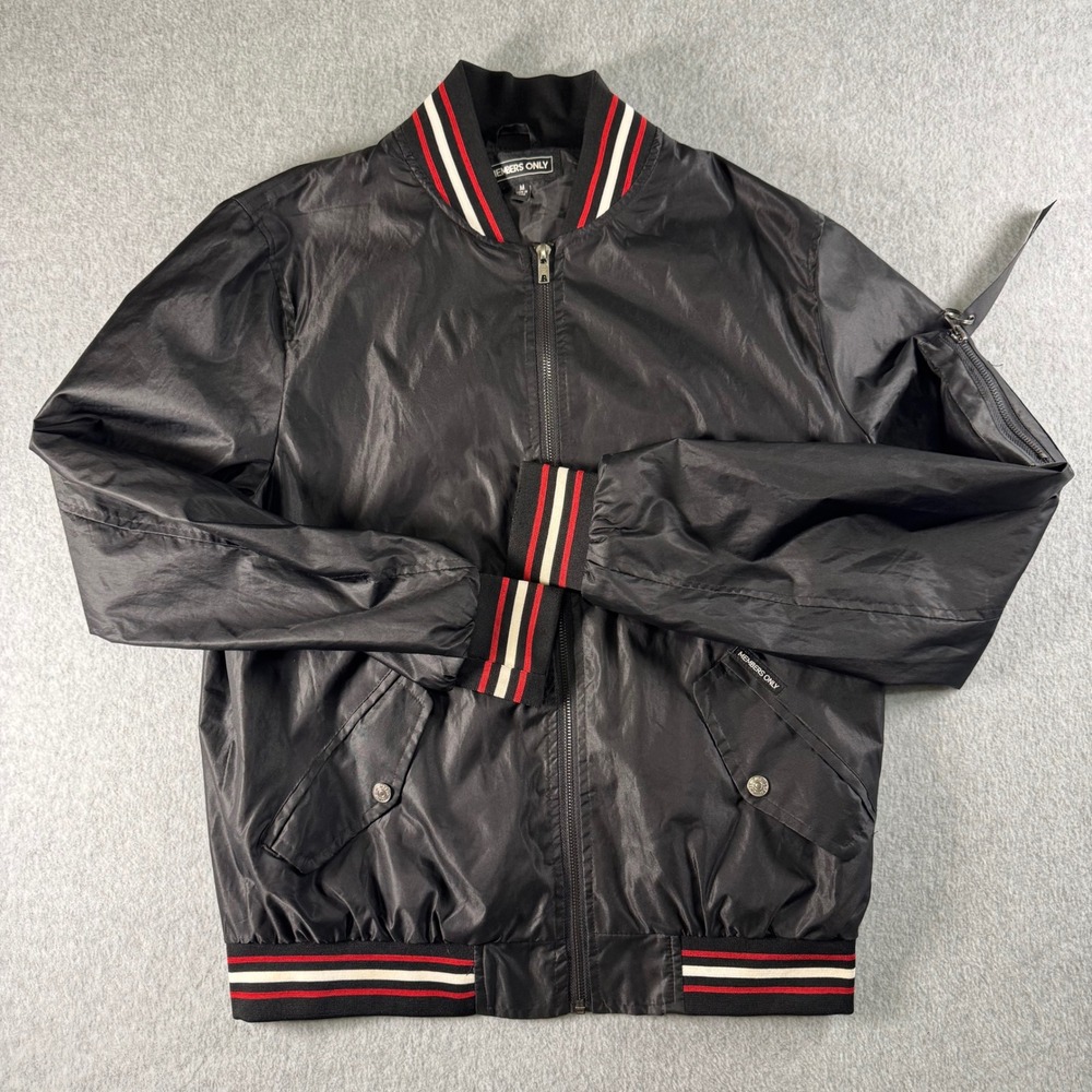 Members Only Mens Black Bomber Jacket Striped Trim Utility Pocket Size Medium M
